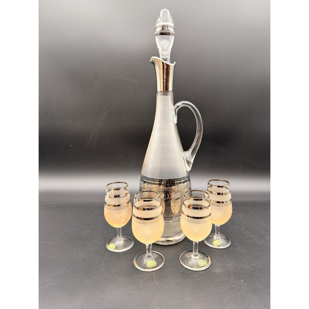 Vintage Czech Bohemian Decanter vintage‎ Glass Gold Floral 6 Glasses